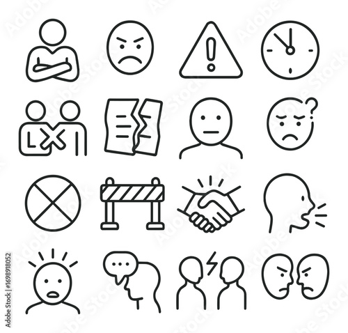 Communication and emotions linear icons set. featuring anger, caution, confusion, and dialogue symbols
