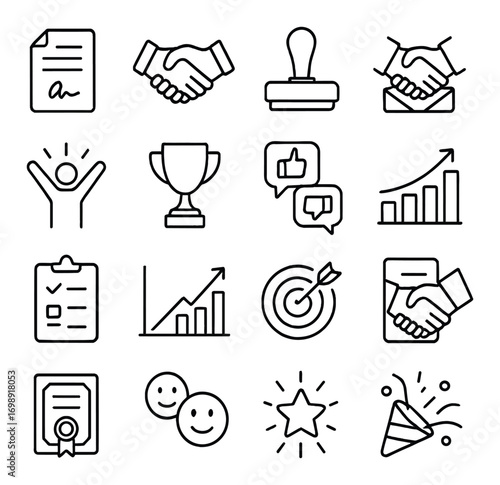 Business achievement linear icon set. featuring contract, handshake, trophy, chat, growth, certificate, target, celebration
