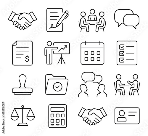 Business and communication linear icon set. featuring handshake, contract, meeting, chat, presentation, calendar, and checklist