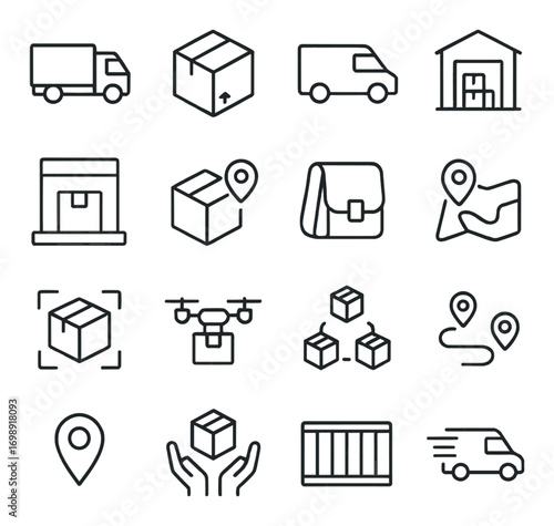 Logistics and delivery linear icon set. featuring truck, package, van, warehouse, drone, map, and transport symbols