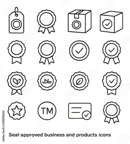 Seal-approved business and products linear icon set. featuring certification, approval, badge, eco-friendly, and trademark symbols
