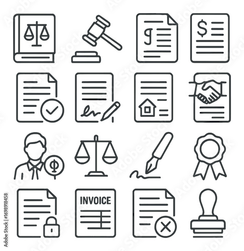 Legal and justice linear icon set. featuring contract, gavel, invoice, award, scales, and handshake symbols