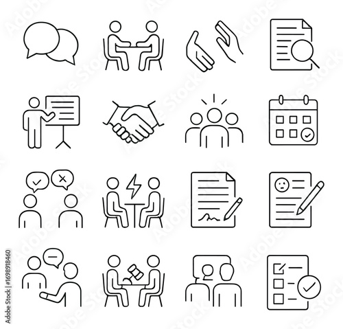 Business meeting linear icon set. featuring handshake, presentation, negotiation, teamwork, and contract symbols