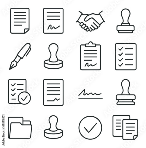 Business and document linear icon set. featuring contract, handshake, stamp, pen, checklist, clipboard, and folder symbols