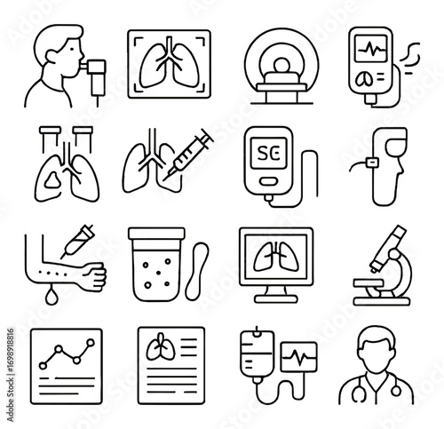 Medical diagnostics linear icon set. featuring doctor, syringe, microscope, ct scan, ultrasound, thermometer, lungs, blood test symbols
