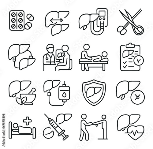 Healthcare linear icon set. featuring pharmacy, liver transplant, glucose meter, surgery, blood donation, and vaccination symbols