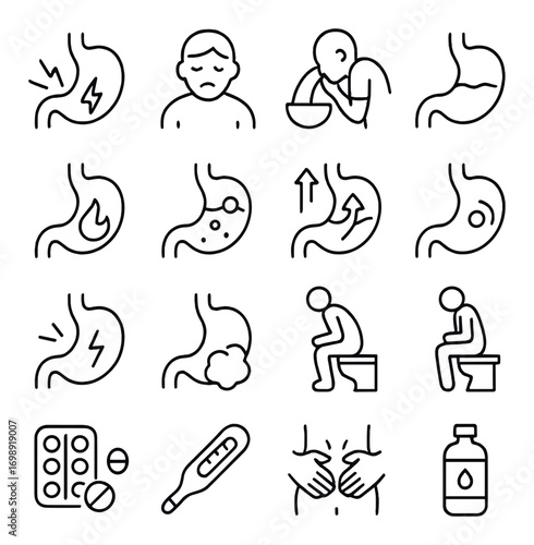 Health symptoms linear icon set. featuring stomach pain, nausea, indigestion, constipation, and medication symbols