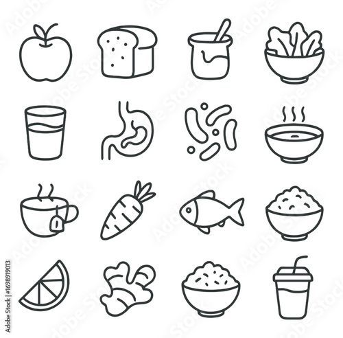 Nutrition linear icon set. featuring apple, bread, yogurt, salad, glass, stomach, bacteria, and soup symbols