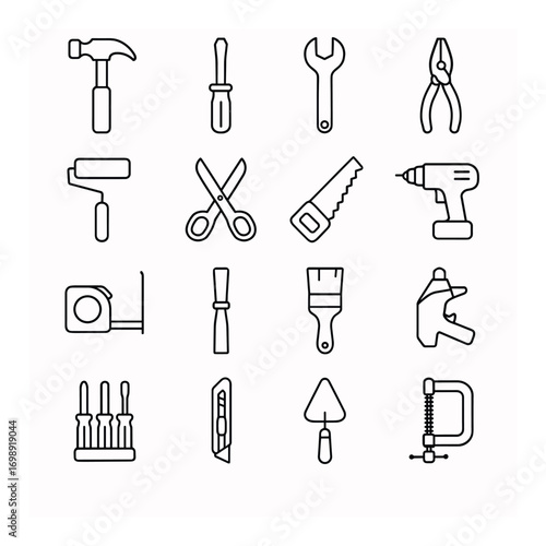 Construction tools linear icon set. featuring hammer, screwdriver, wrench, pliers, roller, drill, and saw symbols