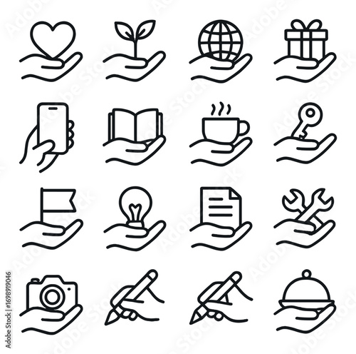 Helping hands linear icon set. featuring heart, plant, globe, gift, phone, book, coffee, key symbols