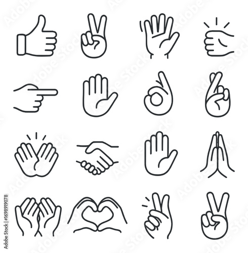Gesture linear icons set. featuring thumbs up, peace, handshake, ok, prayer, heart, and wave symbols