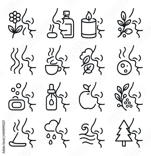 Aromatherapy and wellness linear icon set. featuring oils, candles, meditation, and nature elements