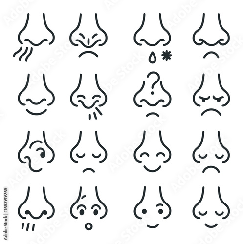 Facial features linear icon set. featuring nose expressions: allergies, sneezing, runny, question, sad.