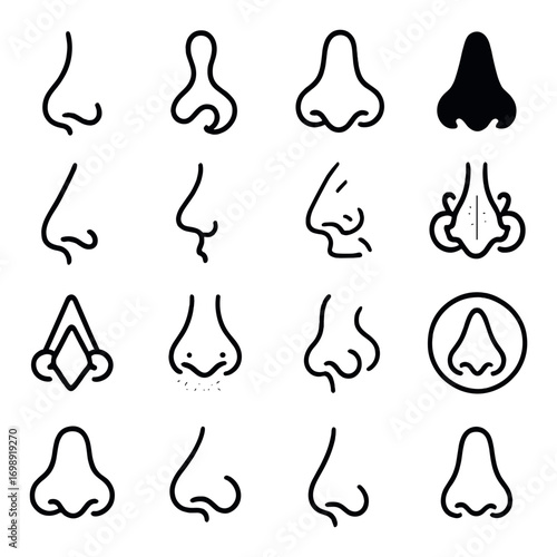 Nose linear icon set. featuring various nose shapes and outlines for diverse design applications