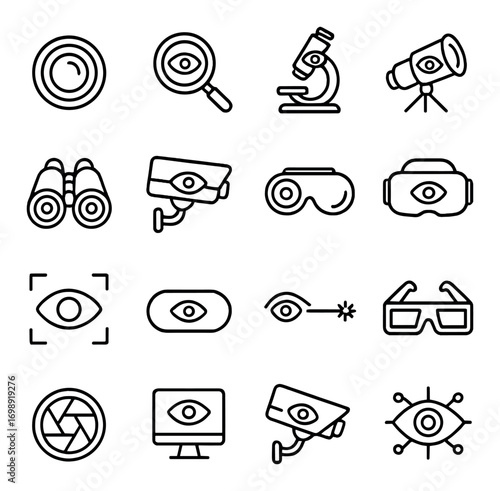 Vision and optics linear icon set. featuring eye, magnifier, microscope, telescope, binoculars, and camera symbols