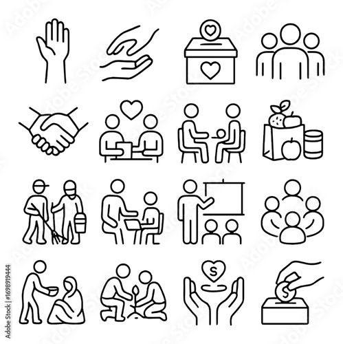 Charity and volunteering linear icon set. featuring donation, helping hands, community, partnership, fundraising symbols