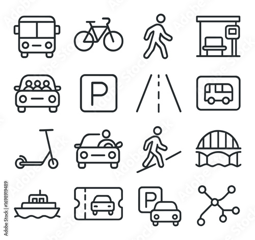 Transport and mobility linear icon set. featuring bus, bicycle, pedestrian, bus stop, car, parking, and scooter symbols