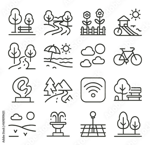 Nature linear icon set. featuring park, trail, garden, playground, beach, clouds, bicycle, and mountain symbols