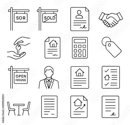 Real estate linear icon set. featuring sold, handshake, keys, calculator, contract, open house, and realtor symbols