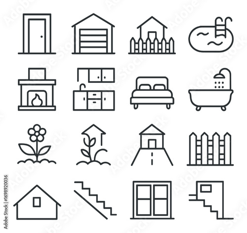 Home essentials linear icons set. featuring door, garage, gate, pool, fireplace, kitchen, bed, bathtub, flower, and stairs