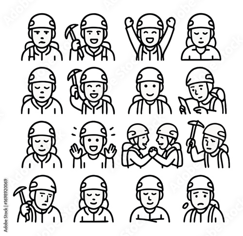 Mountaineering linear icons set. featuring climber, helmet, axe, hiking, celebrating, reading, cheering, teamwork
