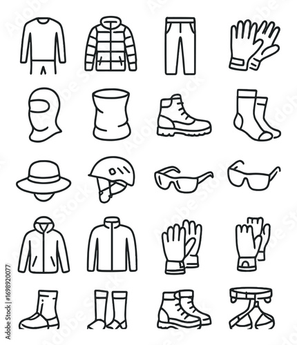 Outdoor gear linear icons set. sweater, jacket, pants, gloves, helmet, boots, socks, hat, sunglasses, scarf
