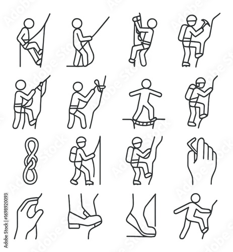 Climbing activity linear icon set. featuring climbers, rope, carabiner, boots, knot, mountain, and wall symbols