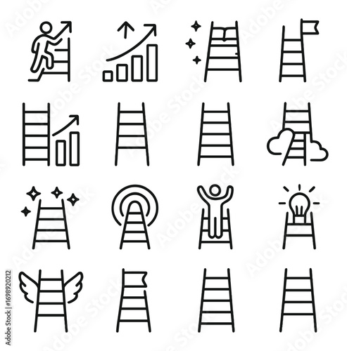 Ladder achievements linear icon set. featuring growth, progress, success, goals, and climbing symbols