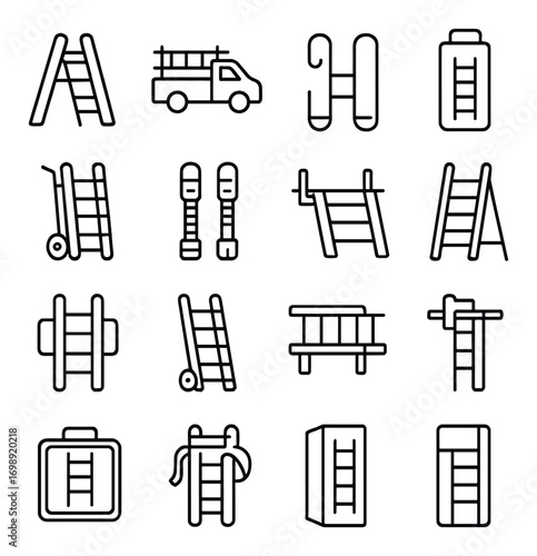 Construction tools linear icon set. featuring ladder, truck, battery, steps, and equipment symbols
