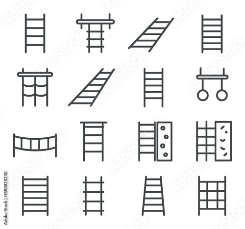 Playground equipment linear icon set. featuring ladder, monkey bars, swings, climbing wall, and slides symbols