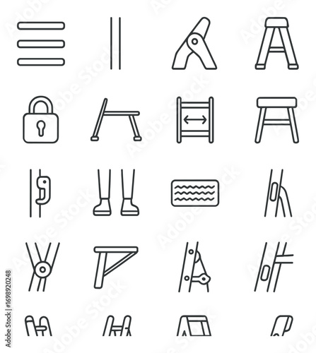 Construction and ladder safety linear icon set. featuring clamp, scaffold, lock, telehandler, and steps symbols