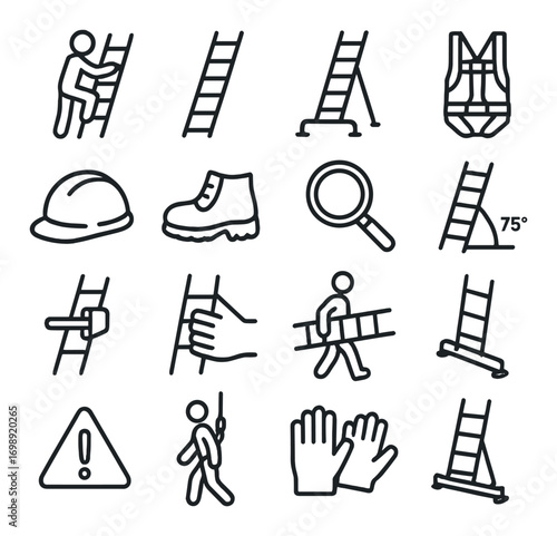 Safety equipment linear icon set. featuring ladder, helmet, gloves, harness, boots, and warning symbols