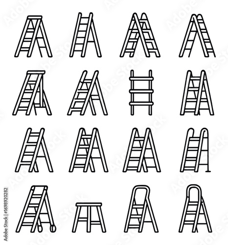 Ladder linear icon set. featuring foldable, extension, step, telescopic, and platform ladders