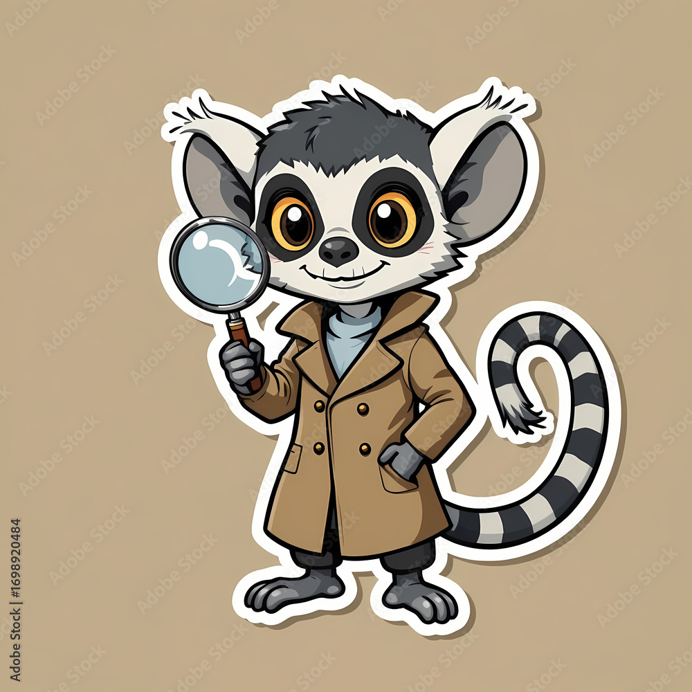 Naklejka premium Cute Lemur Sticker – Cartoon Style in Detective Outfit with Magnifying Glass Adorable Animal Character with Expressive Eyes and Striped Tail Playful Vinyl Sticker on Beige Background for Kids and Myst