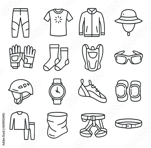 Climbing equipment linear icon set. featuring pants, shirt, jacket, hat, gloves, socks, backpack, sunglasses