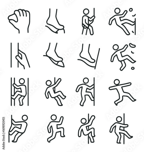 Climbing activities linear icon set. featuring rock holding, climbing shoes, belaying, falling techniques, and rappelling