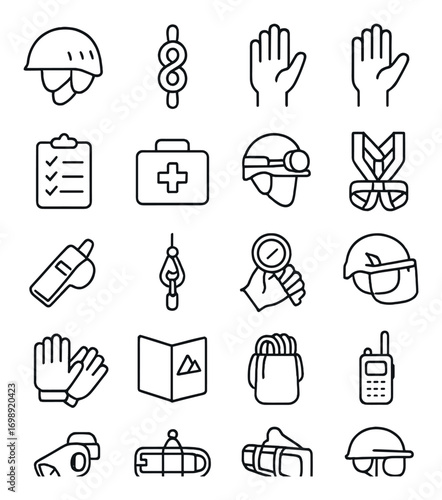 Construction safety linear icon set. featuring helmet, gloves, map, rope, clipboard, radio symbols