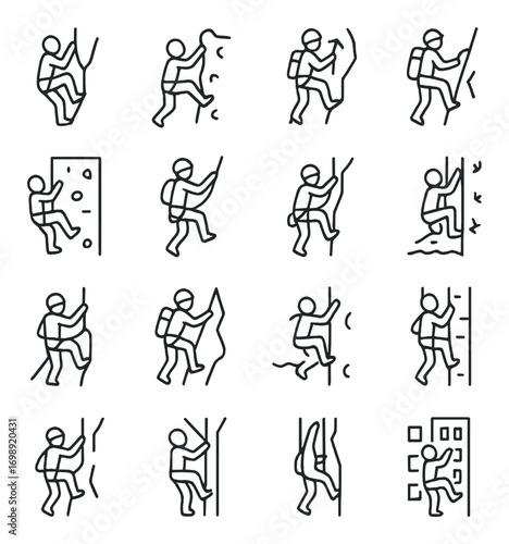 Rock climbing linear icon set. featuring bouldering, climber, ascent, belay, wall, mountaineering, and rappel symbols