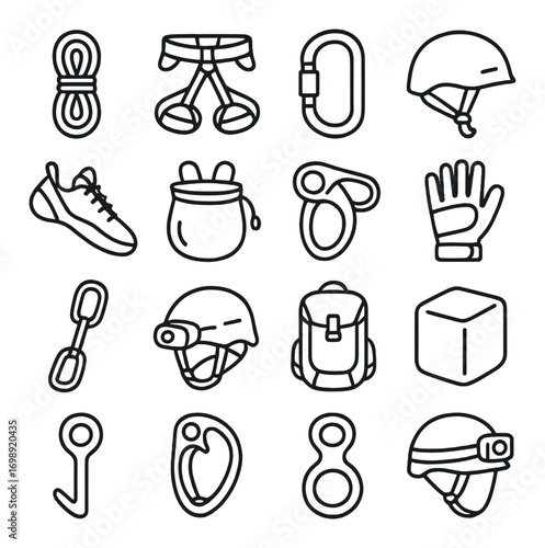 Climbing equipment linear icon set. featuring rope, harness, carabiner, helmet, shoe, chalk bag, belay, and gloves