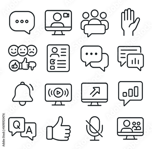 Communication linear icon set. featuring chat, video call, team, hand raise, feedback, profile, speech bubble, and notification symbols