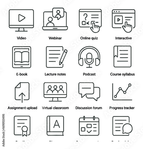 Education linear icon set. featuring video, webinar, online quiz, interactive, e-book, lecture notes, podcast, course syllabus