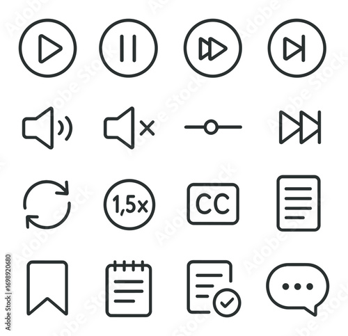 Media controls linear icon set. featuring play, pause, volume, speed, and bookmark symbols