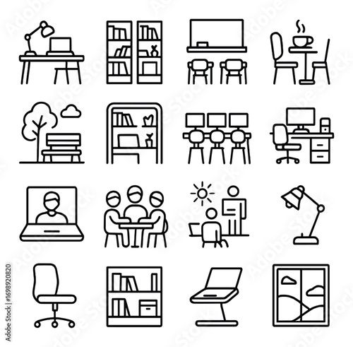 Office and workspace linear icon set. featuring desk, library, blackboard, coffee, park, lecture, lamp, and window symbols