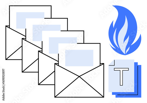 Stack of open envelopes with letters, document pages, and a blue flame symbolizing efficiency, collaboration, and innovation. Ideal for messaging, data exchange, teamwork, automation productivity