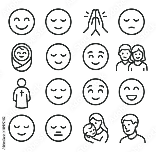 Linear icon set of emojis. featuring smiley, sad, prayer, family, mother, child, serenity, and meditation symbols