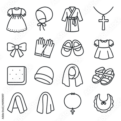 Religious clothing linear icon set. featuring dresses, bonnet, robe, necklace, bow, gloves, shoes