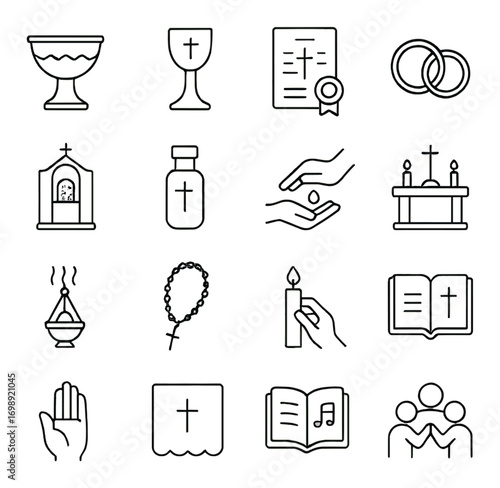 Christianity linear icon set. featuring chalice, hymn book, rosary, baptism, and communion symbols