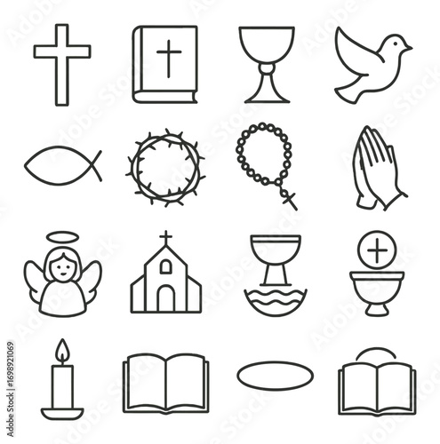 Christianity linear icon set. cross, bible, chalice, dove, fish, crown of thorns, rosary, prayer hands, angel, church