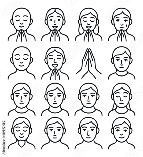 Meditation and emotion linear icon set. featuring prayer, calm, happiness, love, gratitude, mindfulness symbols