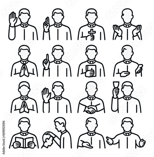Religious figures linear icon set. featuring prayer, cross, blessing, book, and chalice symbols